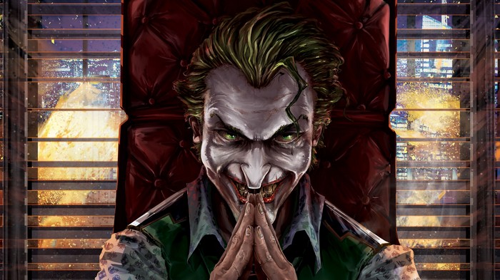 Joker sitting in a chair with city view