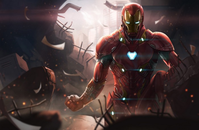 Iron Man in a destroyed city