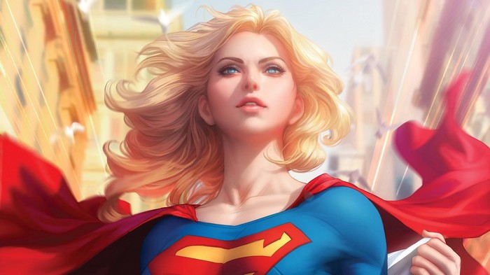 Supergirl artwork with red cape and blue suit