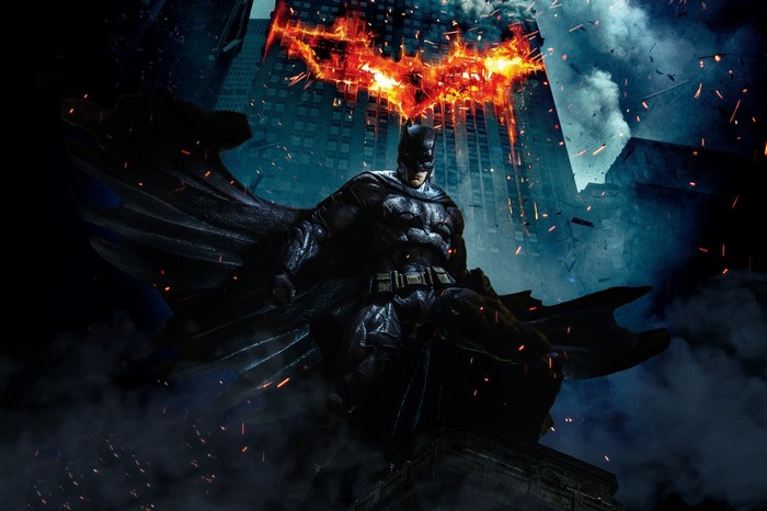 Batman and burning Bat-Signal in Gotham City 4K