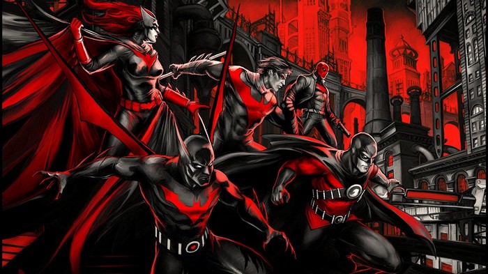 Batman Beyond, Batwoman, Nightwing, Red Hood, and Robin in Gotham