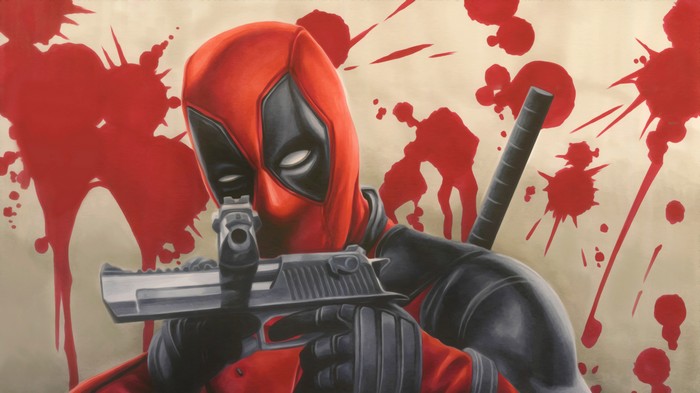 Deadpool aiming a gun with blood splatters