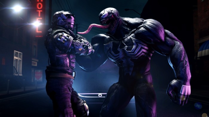 Venom Facing Off With Armored Soldier at Night 4K