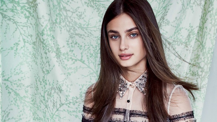 Taylor Hill posing in a sheer blouse
