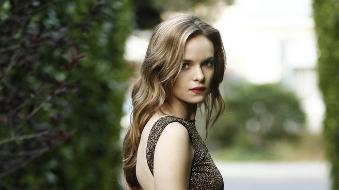 Danielle Panabaker in a sparkly dress outdoors