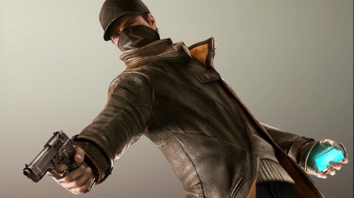 Aiden Pearce from Watch Dogs holding a gun and a device