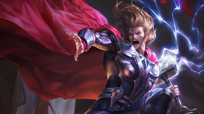 Thor wielding Mjolnir with lightning