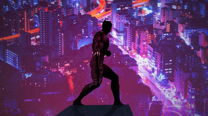 Black Panther standing on a rooftop overlooking a neon city