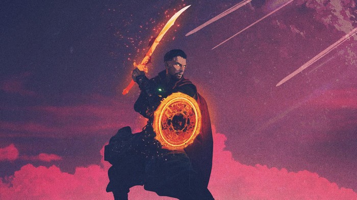 Doctor Strange with flaming sword and shield