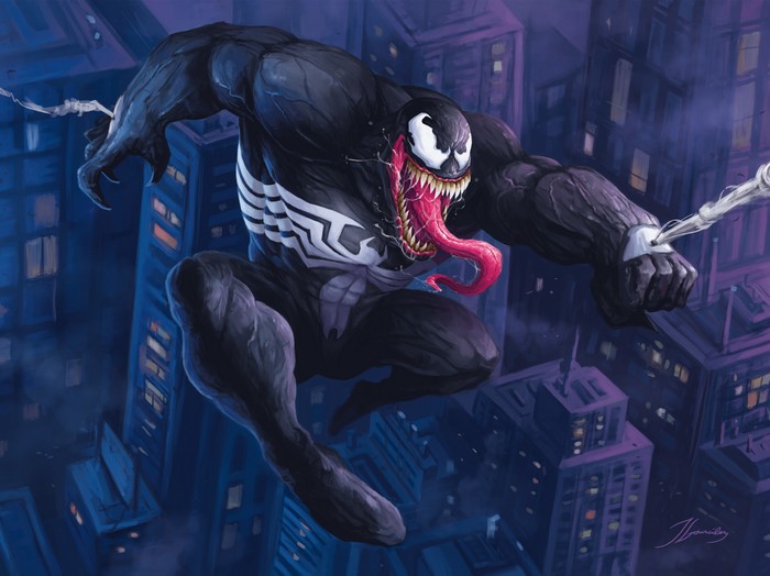 Venom swinging through a city at night