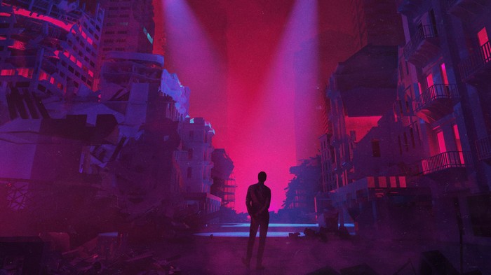 Man standing in ruined city with pink spotlights