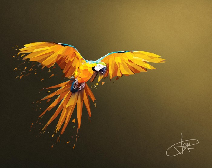 Digital artwork of a flying parrot