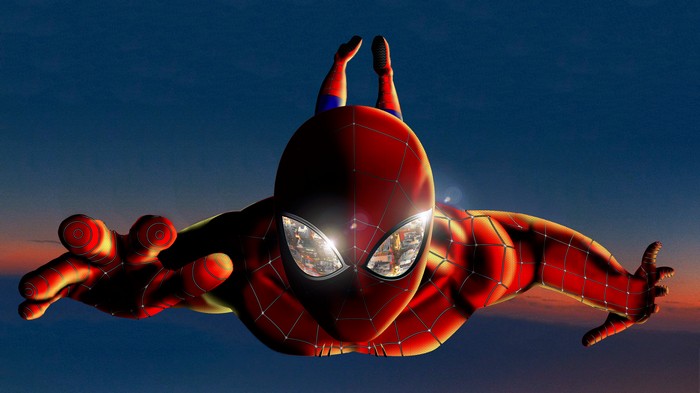 Spiderman flying through the sky at sunset