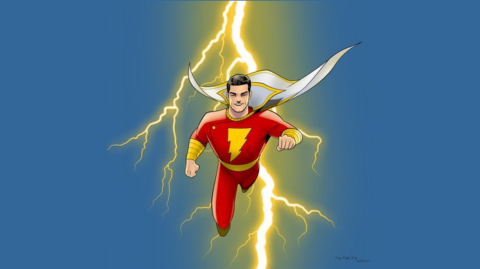 Shazam flying through lightning