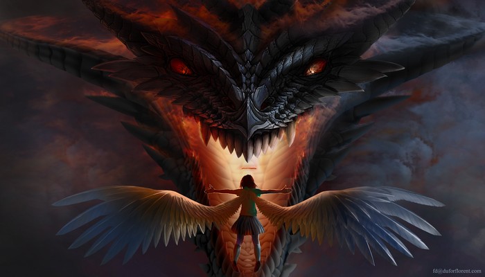 A girl with angel wings faces a giant dragon