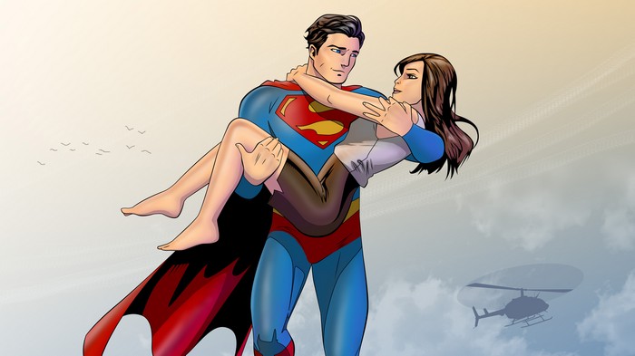 Superman carrying a woman with a helicopter in the background