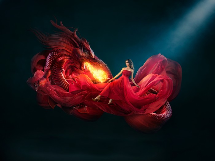 Digital Art of a Dragon and a Woman in Red
