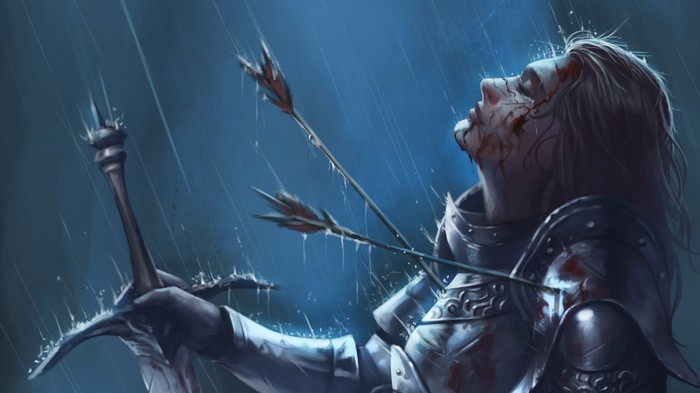 Warrior struck by arrows holding a sword in the rain