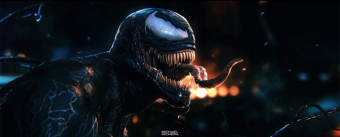 Venom with tongue out in dark city