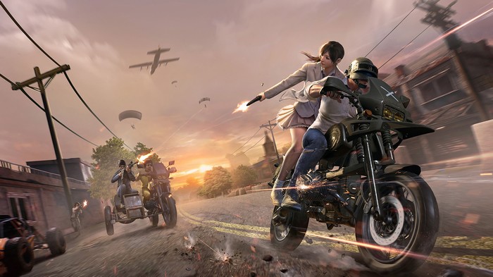 PlayerUnknown's Battlegrounds characters on motorcycles shooting