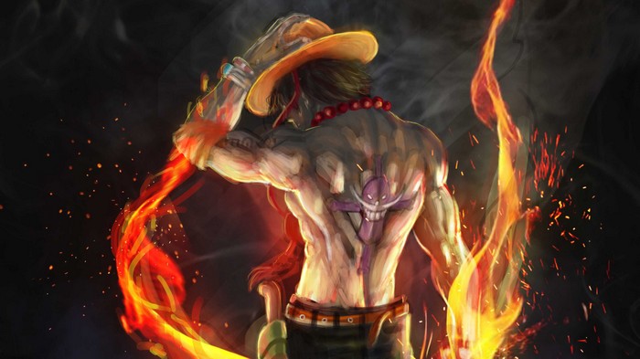 Portgas D. Ace with Whitebeard tattoo surrounded by flames