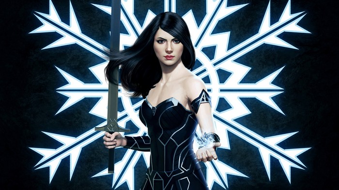 Artwork of a woman with a sword and snowflake background