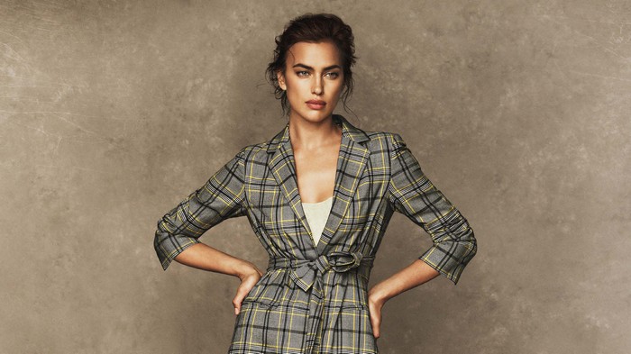 Irina Shayk in Stylish Plaid Blazer Posing Confidently