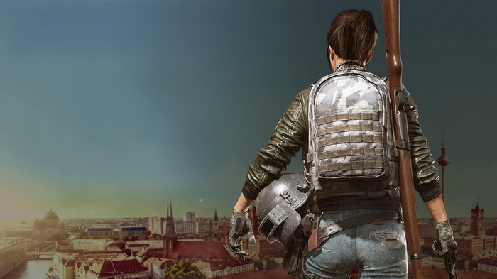 PlayerUnknown's Battlegrounds character with a rifle overlooking a city