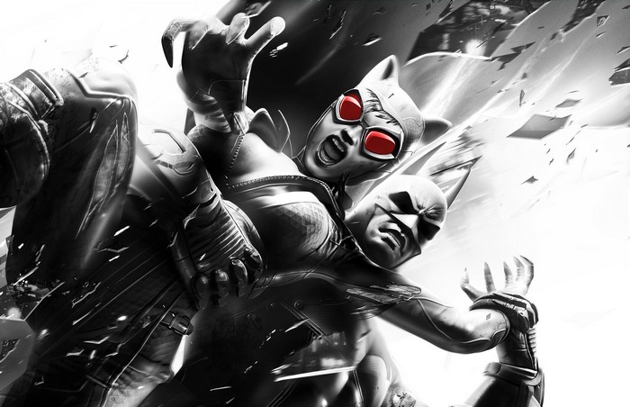 Batman and Catwoman in monochrome artwork