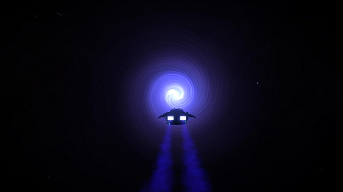 Spaceship approaching a swirling blue nebula