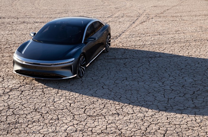 Lucid Air electric car on cracked earth
