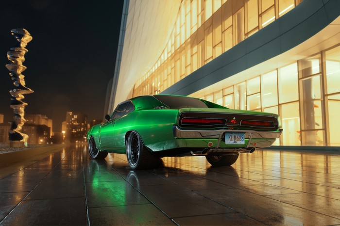 Green Dodge Charger parked at night