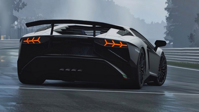 Lamborghini Aventador SVJ on a wet race track
