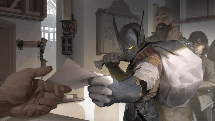 Man in Bat-like Armor Receives Document