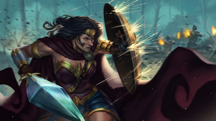 Wonder Woman in battle with sword and shield