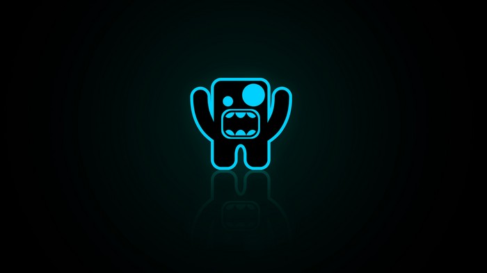 Minimalist blue monster logo on dark background