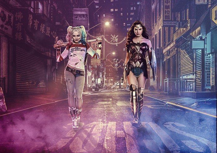 Harley Quinn and Wonder Woman in a City Street