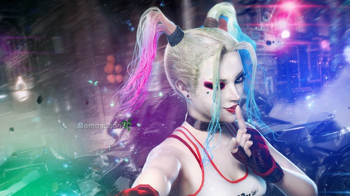 Digital Art of Harley Quinn with Colorful Hair