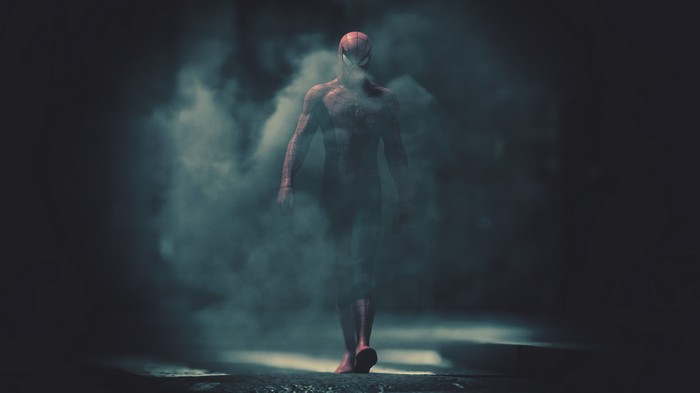 Spiderman walking through smoke