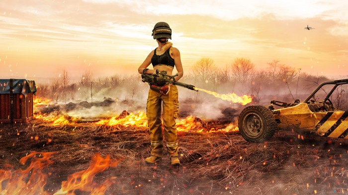 PlayerUnknown's Battlegrounds character with flamethrower in a burning field