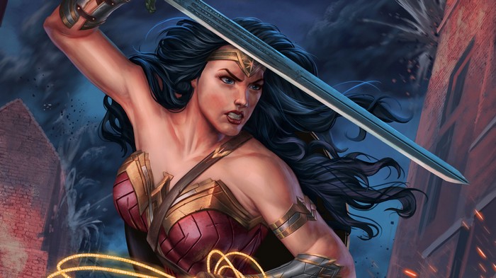 Wonder Woman wielding a sword and lasso