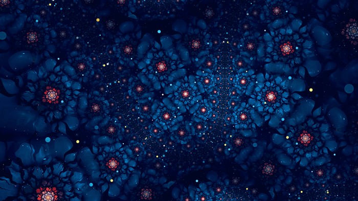 Blue and red fractal flowers with glowing particles