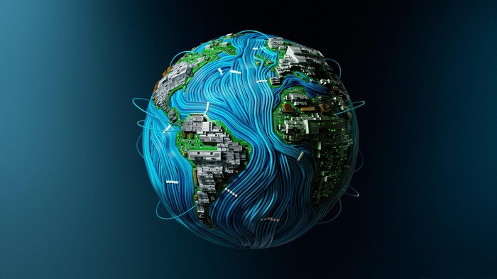 Earth covered in circuits and blue cables