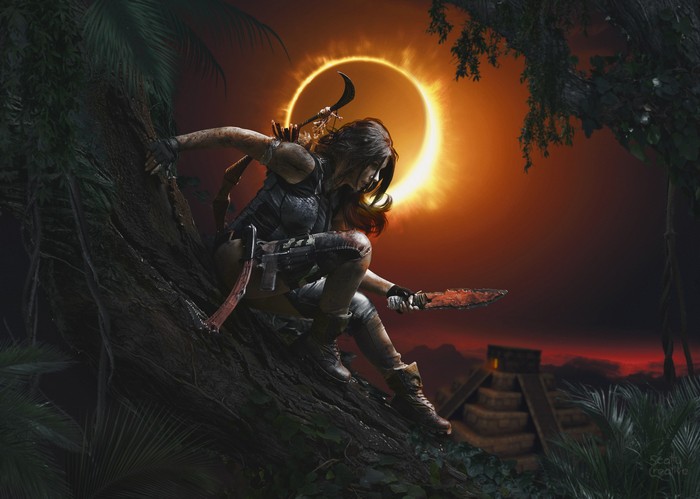 Lara Croft in Shadow of the Tomb Raider during an eclipse