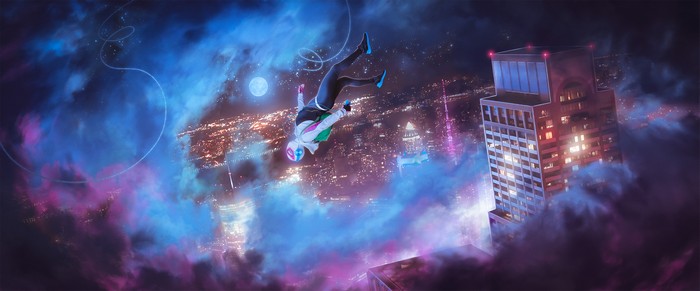 Gwen Stacy falling through a cloudy city at night