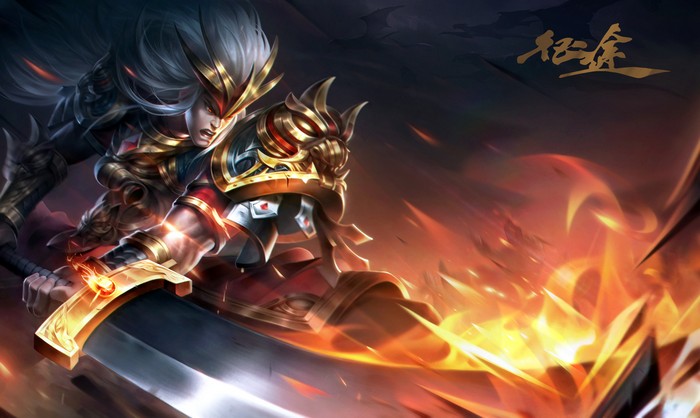 Warrior with a large sword and fiery effects