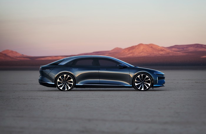 Lucid Air electric car in a desert landscape