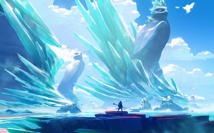 Duelyst artwork of ice statues and a warrior