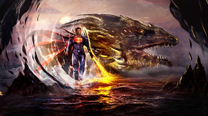 Superman fighting a dragon in the ocean