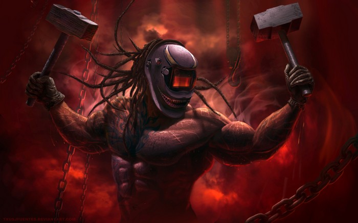 Digital Art of a Muscular Figure with Hammers